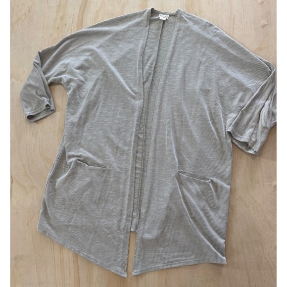 Donni Sweaters - Donni Striped Rib Cardigan Grey White Open Front Pocket OSFA Lightweight Knit